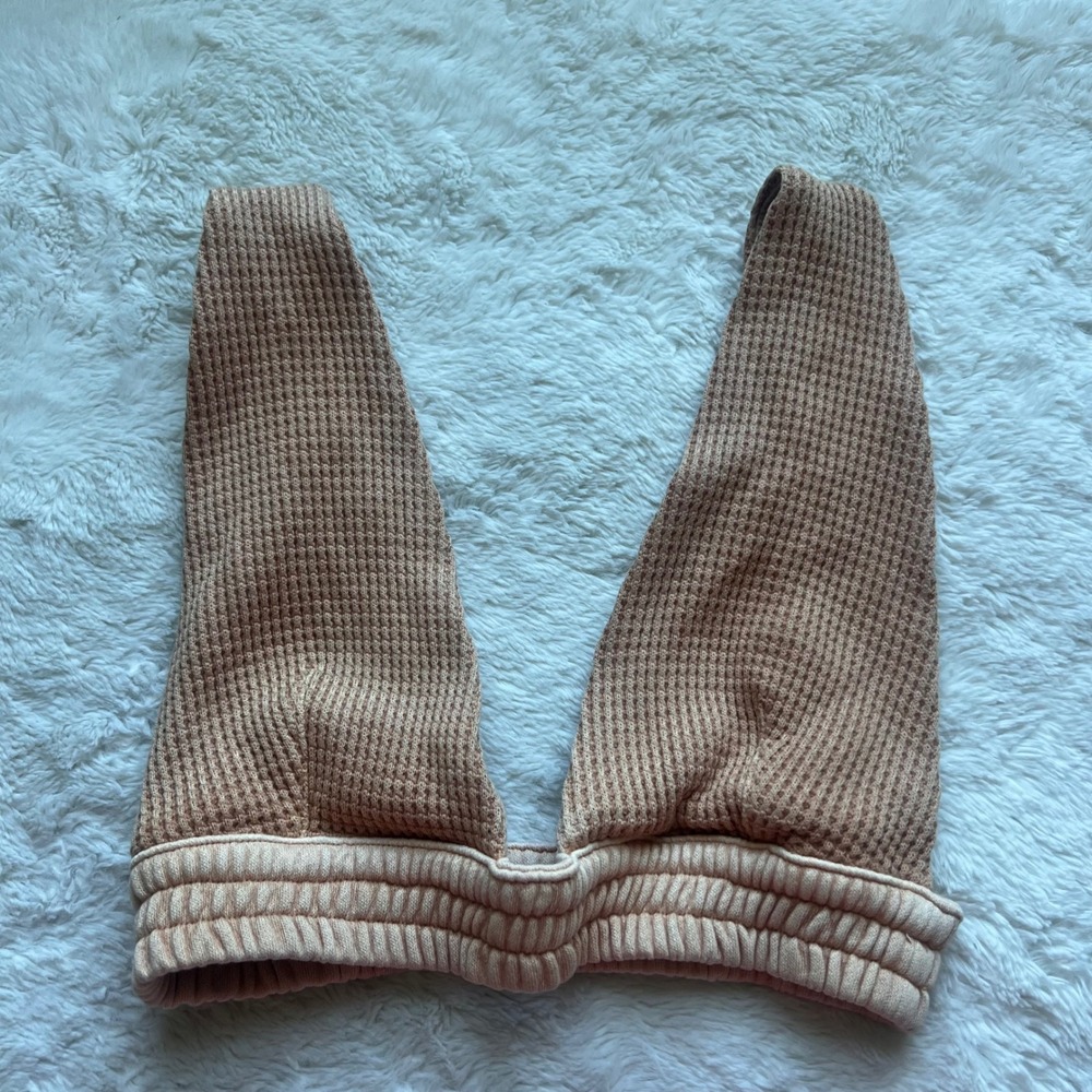 Aerie Womens Tan Waffle Knit Deep V Plunge Bralette Adjustable Straps Small Cozy
